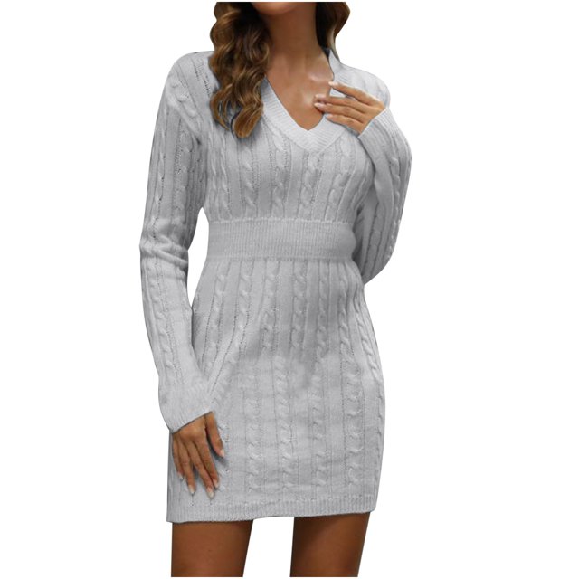 cfhntfmh Robes Chandails pour Femmes Doux Col en V Manches Longues Robe Chandail en Tricot Hiver Chaude Couleur Unie Robe Mini