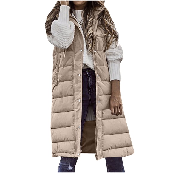Yuyuzo Long Puffer Vests Women Plus Size Quilted Hooded Jackets Zip up Sleeveless Outerwear Long Coat