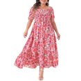 thumbnail image 1 of GRACE & GRANDEUR Robe Maxi Bohème à Fleurs pour Femme Grande Taille, Manches Courtes, Encolure Carrée, Smockée, 2X Rose Vif, 1 of 6