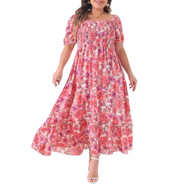 GRACE & GRANDEUR Women's Plus Size Short Sleeves Square Neck Smocked Boho Floral Maxi Dresses 2X Hot Pink