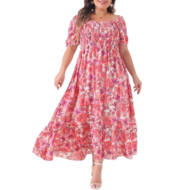 GRACE & GRANDEUR Robe Maxi Bohème à Fleurs pour Femme Grande Taille, Manches Courtes, Encolure Carrée, Smockée, 2X Rose Vif