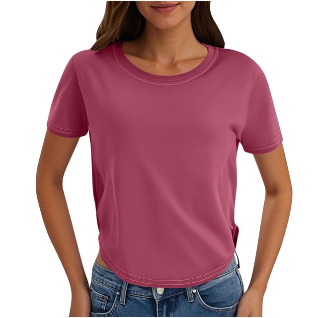 Yuyuzo Hauts Courts pour Femmes T-Shirts à Manches Courtes Col Rond Hauts de Sortie T-Shirts Unis Hauts