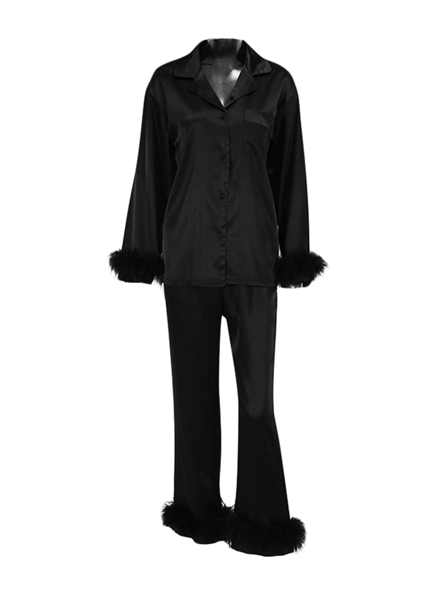 Fortune Women Pajamas Set, Feather Trim Long Sleeve Button-Down Lapel Tops + Pants