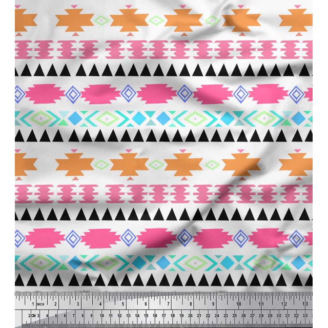 Soimoi White Moss Georgette Fabric Aztec Geometric Decor Fabric Printed Yard 42 Inch Wide