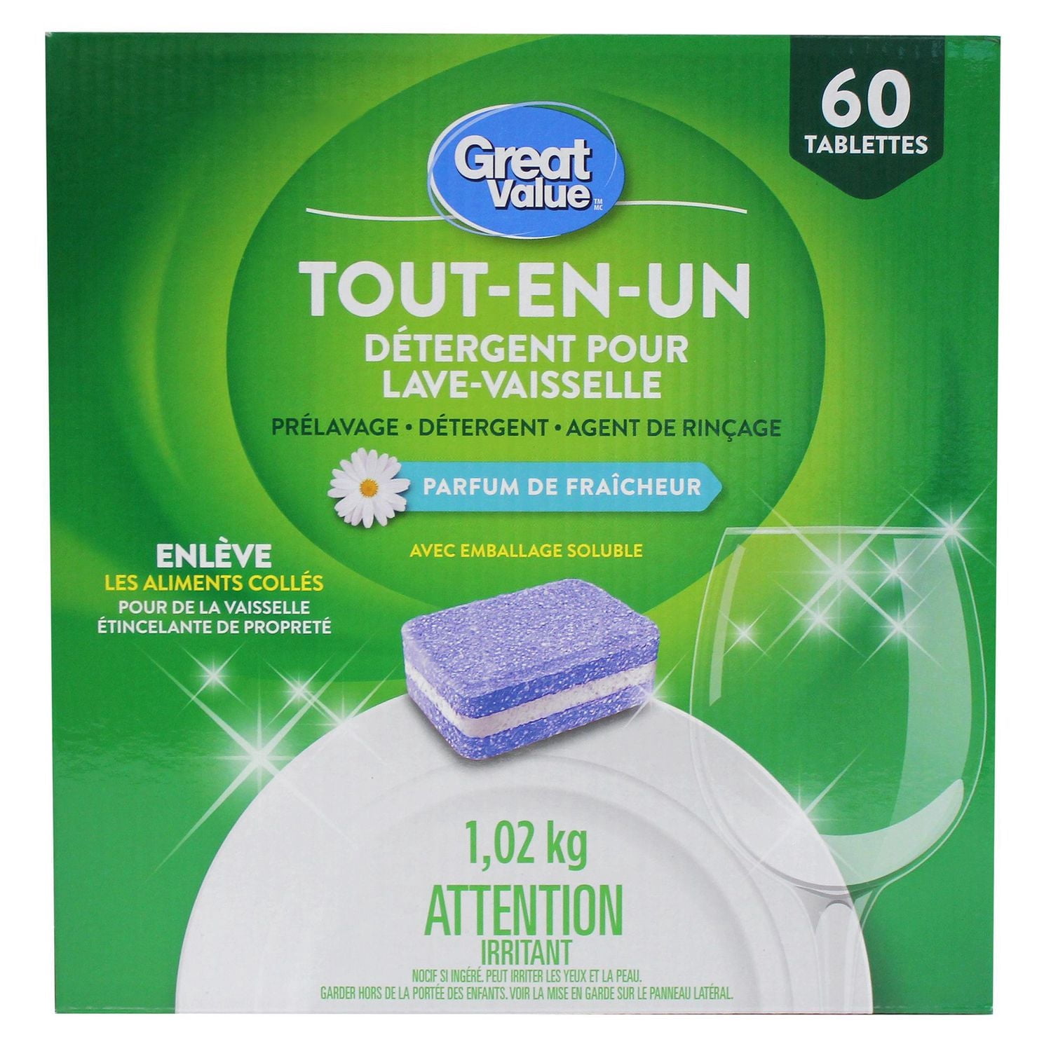 Great Value Détergent pour Lave-Vaisselle Tout-en-un 60 Tablettes