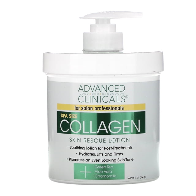 Advanced Clinicals Lotion de Secours pour la Peau au Collagène dans un Pot à Pompe de 16 oz. la Lotion Format Spa Est Conçue pour les Professionnels de salon et Présente une Formule avec du Thé Vert, de l'Aloès et de la Camomille pour Hydrater, Rehausser et Raffermir la Peau Tout en Favorisant un Teint Uniforme. le Pot a un Distributeur à Pompe Blanc et des accents Verts et Dorés sur l'Étiquette.