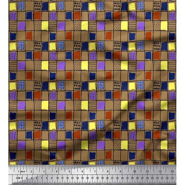 Soimoi Silk Fabric Check & Brush Stroke Abstract Fabric Prints by Yard 42 Inch Wide