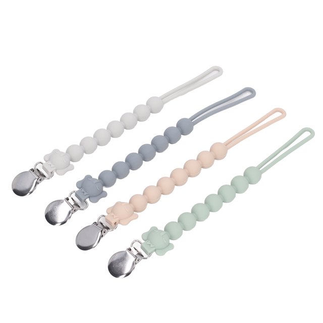 Baby chain set featuring four silicone beaded pacifier clips, each approximately 23.6cm in length. The clips include adorable elephant-shaped designs at the head and are available in pastel colours: white, grey, peach, and mint green. Designed for easy attachment to clothing, blankets, strollers, or bags. The silicone material is skin-friendly and easy to clean, suitable for hand washing or wiping. Ideal for use as pacifier accessories.