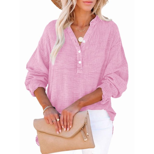 Womens Casual Button V Neck Long Sleeve Shirts Oversized Solid Blouses Tops Pink L