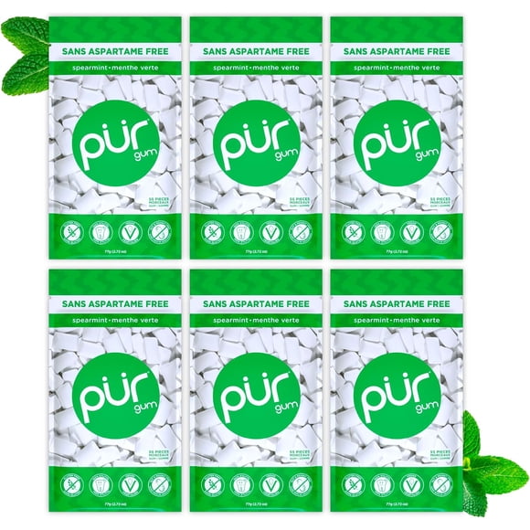 PUR Gum, Spearmint, Aspartame Free, Sugar Free & 100% Xylitol Chewing Gum, 55 Pieces, Pack of 6