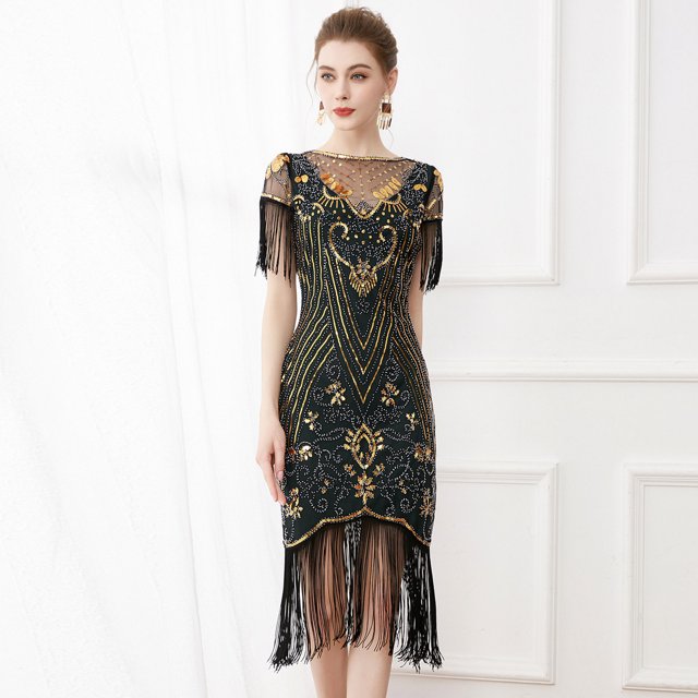 Fshaion Robe d'Été pour Femmes 2024 Grande Taille Robe Vintage 1920 à Paillettes, Robe à Franges Cloutées, Robe de Banquet Haut de Gamme à Col Rond, Robe à Manches Courtes à Col Rond Liquidation à Moins de 10!