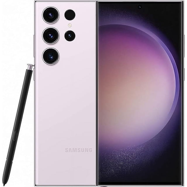 Restored Samsung Galaxy S23 Ultra 256GB Unlocked Smartphone Open Box. The image displays the phone's front and back, featuring a 6.8-inch AMOLED display with a centred punch-hole camera and a quad-camera setup on the back, including a 200MP main camera. The phone is shown in a light purple finish with the S Pen placed beside it, emphasizing its functionality for writing and drawing. Designed for gaming, streaming, and photography, it includes advanced Nightography and video stabilization features.