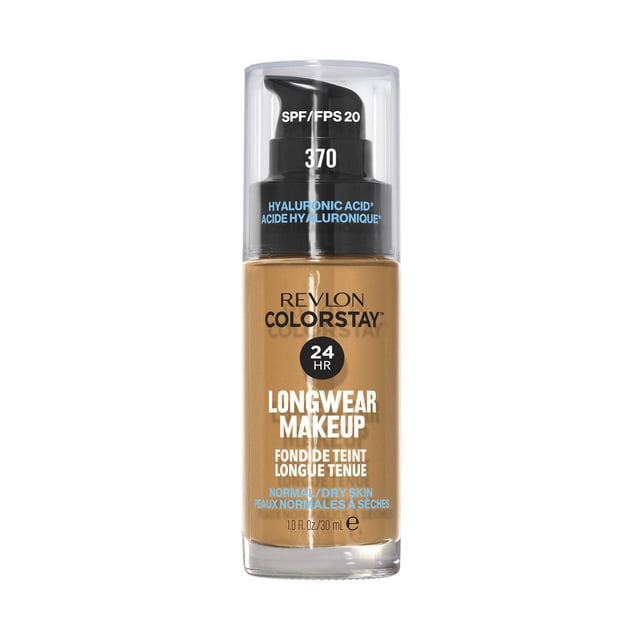 Revlon ColorStay Longwear Makeup for Normal/Dry Skin in shade 370, a 30 ml liquid foundation with SPF 20 and hyaluronic acid, offering 24-hour hydration and long-lasting wear in a bottle with a black pump and clear cap.