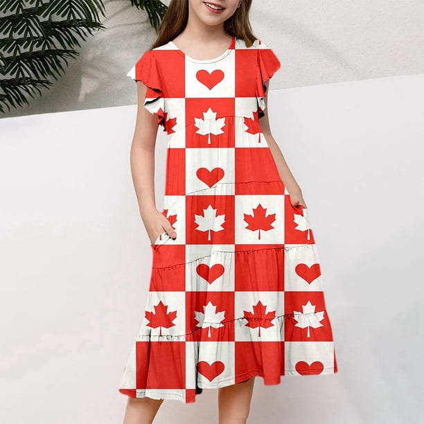 GDREDA Girl Summer Dresses Canada Flag Print Girls' Canada Day Floral Dress Cute Red & White Maple Leaf Print Tiered A Line With Flutter Sleeves And Pockets Comfortable Party Dress For Canadian
