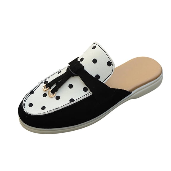 RoamHome Women's Fashion Casual Polka Dot Bowtie Slip-On Mules | Retro Ethnic Round Toe Flat Slippers | Comfortable Non-Slip Daily Home & Outdoor Shoes