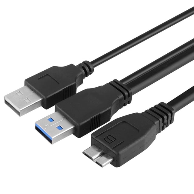 axGear USB 3.0 A Male to Micro USB 3 Y Cable with USB power connector, designed for stabilizing power supply and boosting device performance. Black cable with USB 3.0 Type A and Micro-B connectors, ideal for data transfer and powering HDDs, PCs, laptops, mobile phones, and other Micro-B USB 3.0 compatible devices. Compact and lightweight design with a 21-inch length.