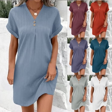 Meichang Robes d'Été pour Femmes à Manches Courtes, Col en V, Boutons, Robe Courte, Chic Décontractée, Coupe Ample, Robes de Travail, Robe T-Shirt Unie Légère