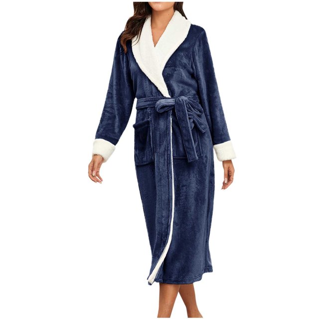Penkiiy Womens Plush Soft Robe Warm Fleece Shawl Collar Bathrobe Fluffy Long Robes with Pockets S Navy