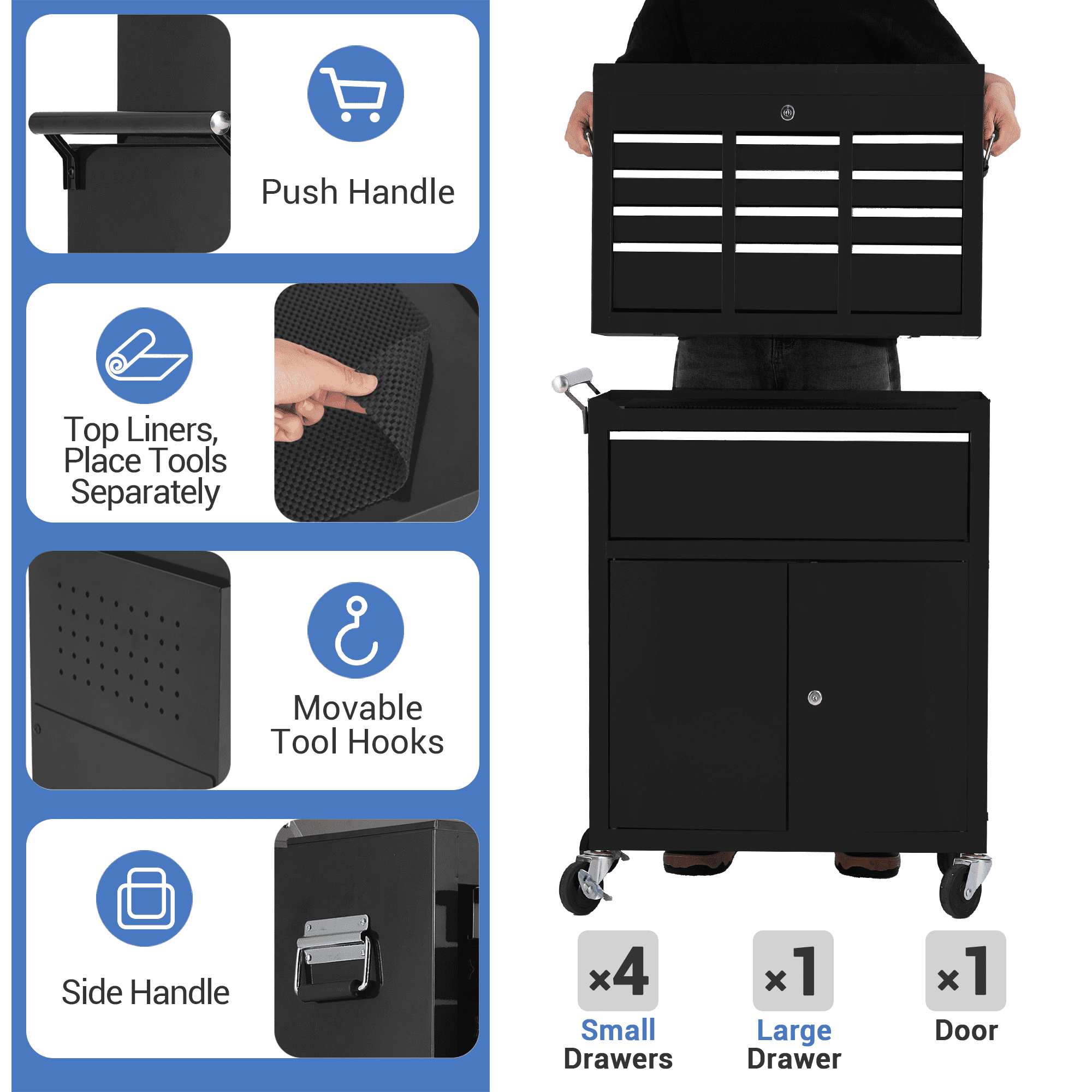2-in-1 Rolling Tool Chest – 5-Drawer Detachable Tool Box with Lockable Drawers, Removable Top Toolbox, Heavy-Duty Steel Storage Cabinet with Wheels – for Garage or Workshop