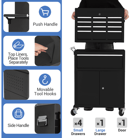 2-in-1 Rolling Tool Chest – 5-Drawer Detachable Tool Box with Lockable Drawers, Removable Top Toolbox, Heavy-Duty Steel Storage Cabinet with Wheels – for Garage or Workshop