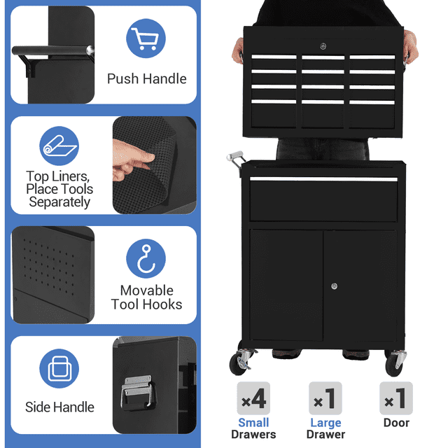 2-in-1 Rolling Tool Chest – 5-Drawer Detachable Tool Box with Lockable Drawers, Removable Top Toolbox, Heavy-Duty Steel Storage Cabinet with Wheels – for Garage or Workshop