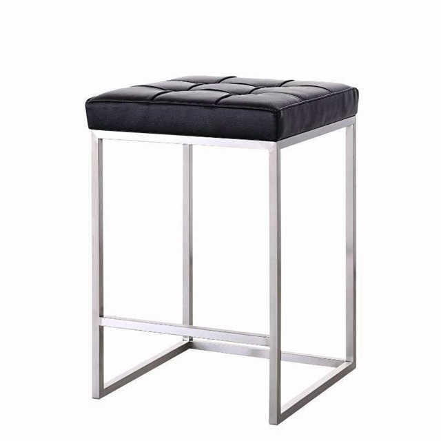 Plata Import Tabouret de Comptoir avec Siège en PU avec Cadre en Acier Inoxydable Brossé et Coussin de Siège en PU Capitonné Noir, 26 Pouces de Hauteur par 18 Pouces de Largeur et de Profondeur, Idéal pour les Sièges de Cuisine et de Salle à Manger, Convient Aussi comme Tabouret de Coiffeuse compact.