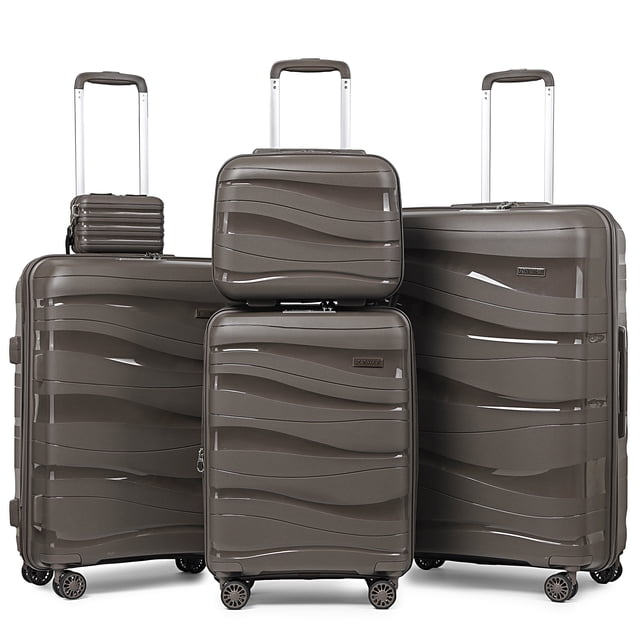 Joyway 5-piece luggage set featuring a PP hardshell design with a wavy glossy and frosted surface. Includes a 20-inch expandable carry-on, 24-inch medium suitcase, 28-inch checked luggage, 14-inch cosmetic case, and 7-inch carry-on handbag. Equipped with 8 ultra-silent spinner wheels, TSA lock, YKK zippers, and a full aluminum telescopic handle. Lightweight, durable, and suitable for travel, school, or weekend trips.