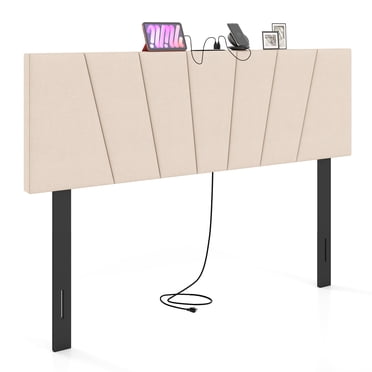 Gymax Headboard for Queen&Full Size BedGeometric Upholstered Head Board w/2AC Outlets Beige
