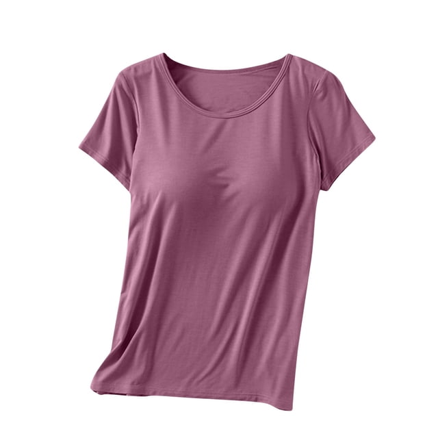 Timegard Hauts d'Été pour Femmes avec Soutien-Gorge Intégré Col Ras du Cou Manches Courtes Tenue de Détente Pyjama Doux Décontracté T-Shirt