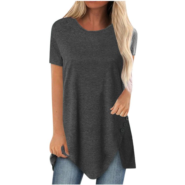 Women Plus Size Tops Women Plus Size Button Solid Round Neck Short Sleeve Irregular T-shirt Blouse Tops