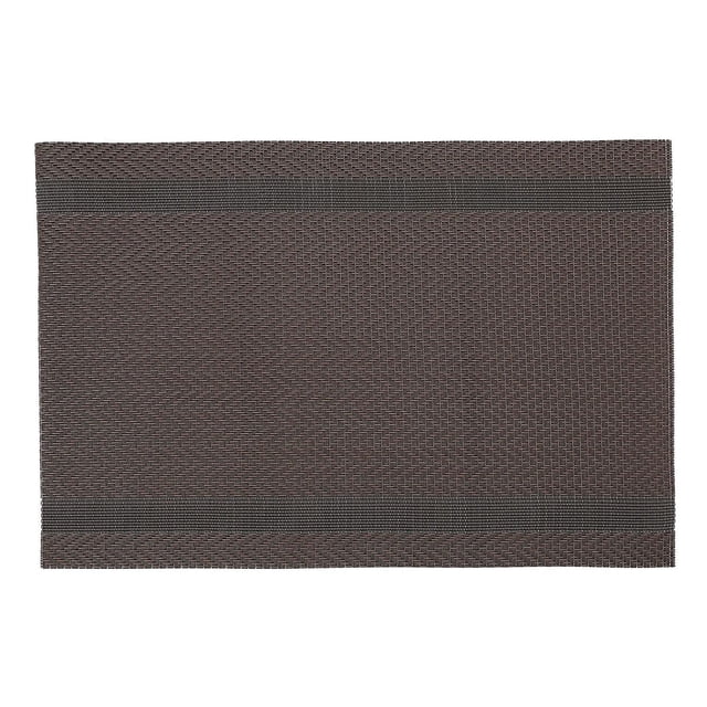 Vinyl Placemat (Mackenzie) (Chocolate) - Set of 12 rectangular chocolate brown plastic placemats with a woven texture and two darker horizontal bands near the edges, water-resistant with a matte finish, suitable for dining table linens and easy spot cleaning.