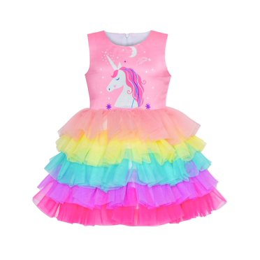 Girls Dress Pink Unicorn Ruffle Rainbow Cake Skirt 8 Years