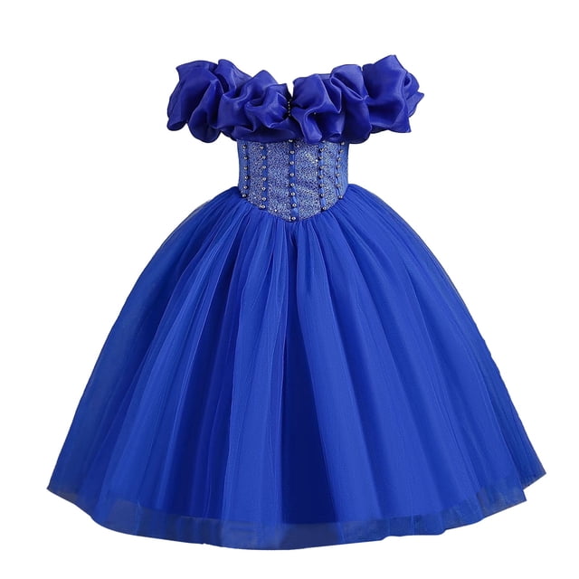 MIASHUI Robe de Demoiselle d'Honneur en Tulle Épaules Dénudées Robe de Bal de Mariage, Bleu, 4-5 Ans