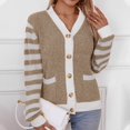 thumbnail image 4 of Penkiiy Women's Long Sleeve Open Front Cable Knit Crop Cardigans V Neck Button Sweaters with Pockets M Khaki, 4 of 8