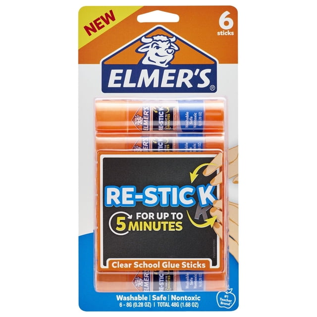 Elmer's Re-Stick Bâtons de Colle Scolaire 8 g Lot de 6 Contenant six Bâtons de Colle à Embout Orange dans un Emballage en Plastique Transparent, avec Adhésif Repositionnable jusqu'à 5 minutes, Lavable, Sûr et Formule Non Toxique, Idéal pour les Projets Scolaires, les Bricolages et le placement Précis de photos et de Graphiques.