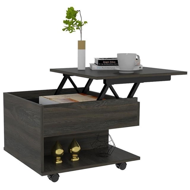 TUHOME Luanda Lift Top Coffee Table with Concealed Storage and Wheels in a brown finish. The table features a lift-top design revealing hidden storage, an open side-to-side shelf for decor display, and a spacious top surface measuring 21.6 inches wide by 19.6 inches deep. Made of engineered wood with a carbon espresso finish, it includes wheels with a smart locking mechanism for mobility and stability. Dimensions are 15.3 inches high, 21.6 inches wide, and 19.6 inches deep.