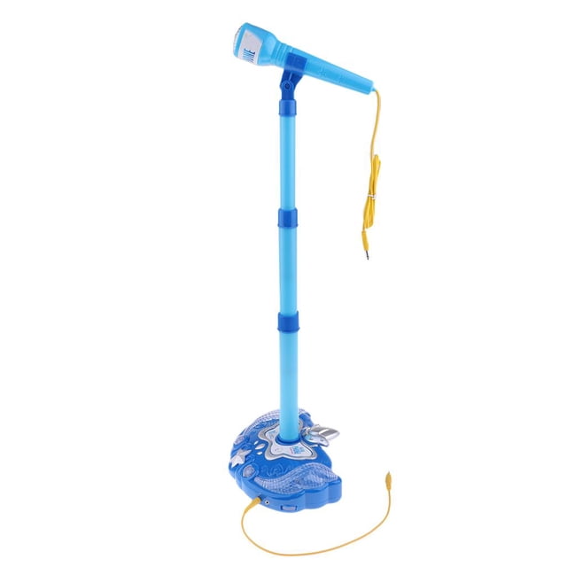 Kids Machine With Adjustable Stand Toys in blue featuring a microphone attached to a height-adjustable stand ranging from 38-79cm. The base stand measures 22.5x16.5cm and includes bright LED lights for interactive play. Equipped with a yellow audio cable for MP3 player or computer connectivity, this educational toy promotes hand-eye coordination and motor skills. Suitable for children aged 3 to 10 years.