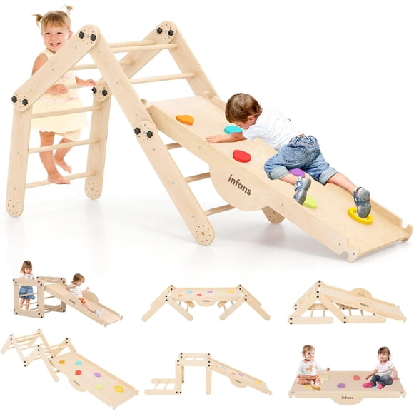 INFANS 12 in 1 Kids Indoor Playground, Wooden Montessori Climber Playset with Tent Slide Climbing Rock Climbing Net, Playground Jungle Gym Structure Climbing Toys for Toddlers Boys Girls