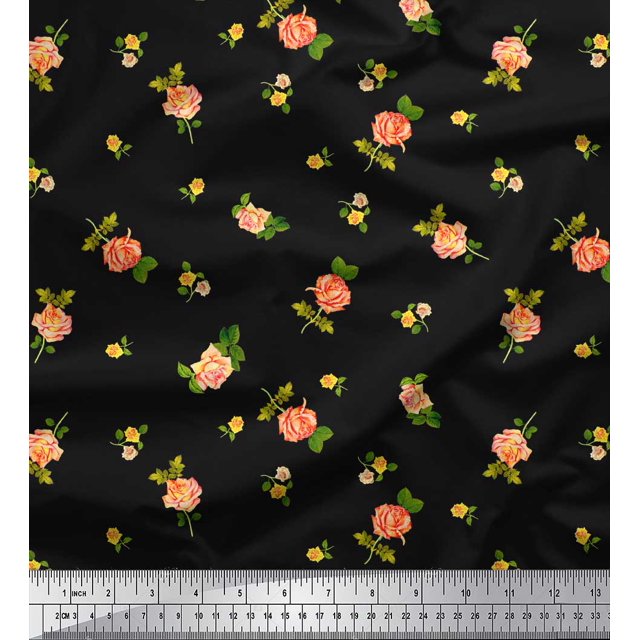 Soimoi Black Poly Georgette Fabric Leaves & Grandiflora Roses Floral Decor Fabric Printed Yard 52 Inch Wide