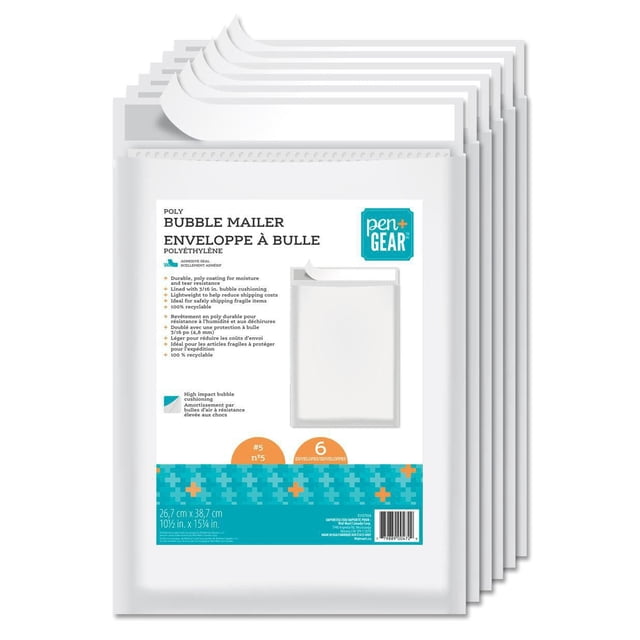 Pen+Gear Poly Bubble Mailer #5 pack of six white polyethylene envelopes with adhesive seal and 3/16 inch bubble cushioning, measuring 10 1/2 by 15 1/4 inches (26.7 cm x 38.7 cm), lightweight and tear-resistant, ideal for shipping fragile items and reducing postage costs.