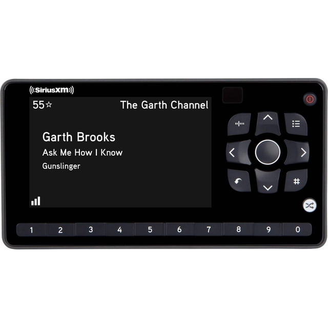SiriusXM Onyx Ezr Satellite Radio avec un Grand Écran Haute Résolution Montrant le Canal 55 le Canal Garth Jouant Garth Brooks' song Ask Me How I Know from The album Gunslinger en Texte Blanc sur Fond Noir. l'Appareil Rectangulaire Noir Présente un Pavé Numérique de 1 à 0 le Long du Bas et un Bloc de navigation Circulaire avec des Boutons Directionnels sur la Droite. Cette Radio plug-and-play Se Connecte à Votre Véhicule Stéréo et Prend en Charge des Fonctions Avancées comme TuneMix