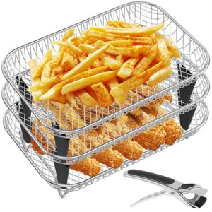 Qenwkxz 12pcs Air Fryer Accessories 3 Layer Stacking Air Fryer Grill Rack Stainless Steel Dehydrator Rack Rectangular with 8 Silicone Feet 1 Anti-Scald Clip for Double Basket Air Fryer Oven