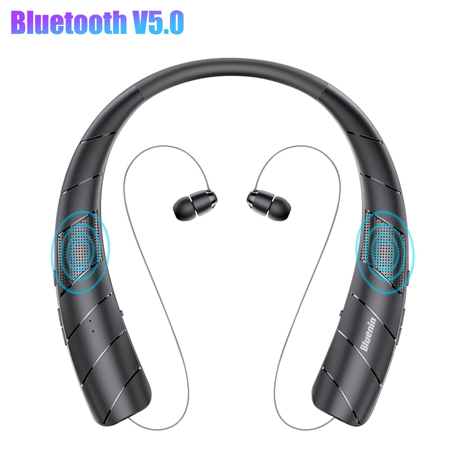 APPIE Bluetooth Headphones Speaker 2 in 1, Wireless Headphones Neckband Wearable Speaker with CVC6.0 Noise Cancelling Mic, Retractable Earbuds Stereo Sound Sweatproof Headset with 48H Playtime, Black