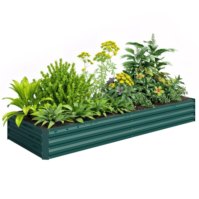 Outsunny 95" x 36" x 12" galvanized raised garden bed in green, featuring a durable rust-resistant steel construction with an open bottom for optimal drainage and root growth. The garden bed is filled with a variety of plants and flowers, showcasing its spacious planting area. Ideal for cultivating vegetables, herbs, and flowers in outdoor spaces like decks or balconies.