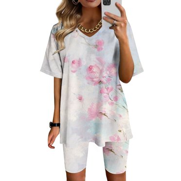 Baikeli Womens Plus Size Suits Clearance Workout Sets for Women 2 Piece Graphic Printed Suits Short Sleeve Tops Comfort Breathable Yoga Pants Going Out Outfits Womens Pant Suit