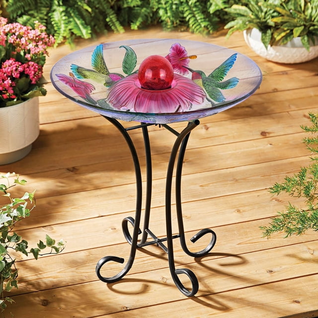 Bain d'Oiseaux en Verre à Motif FLORAL d'Orbe Solaire avec Support
