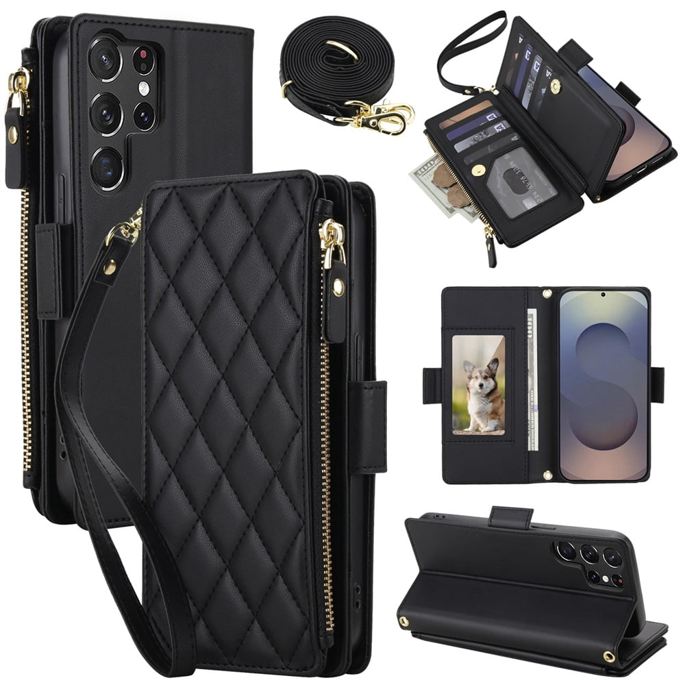 For Samsung Galaxy S25 Ultra 5G RFID Blocking Wallet Case, Crossbody Purse Phone Case with 9 Card Slots, Zipper Pocket & Detachable Strap,Black,For Galaxy S25 Ultra 5G