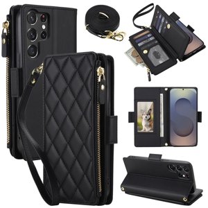 Pour Samsung Galaxy S25 Ultra 5G RFID Case de Wallet de blocage, Étui pour téléphone à la poursuite du corps avec 9 Fentes de cartes, poche zippée & Bracelet amovible, noir, pour Galaxy S25 Ultra 5G