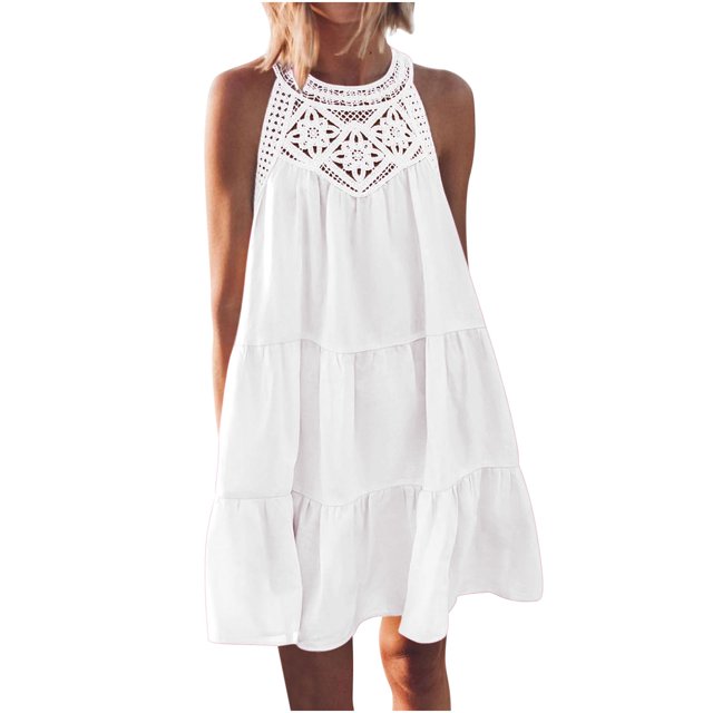 Penkiiy Robe d'Été Sans Manches pour Femmes, Dos Nu, Décontractée, Ligne A, à Volants, Robe de Plage, Vacances, Mini Robe TG Blanche