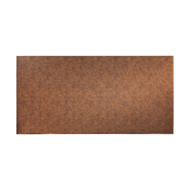 FASÄDE Easy Installation Hammered Moonstone Copper Wall Panel, a 4' x 8' decorative thermoplastic panel with a textured copper finish. Made from durable vinyl, it resists water, impact, stains, mold, and mildew. Lightweight and easy to cut, it is suitable for wall paneling or seamless backsplash applications, covering 32 sq. ft. Ideal for garages, offices, or utility rooms.